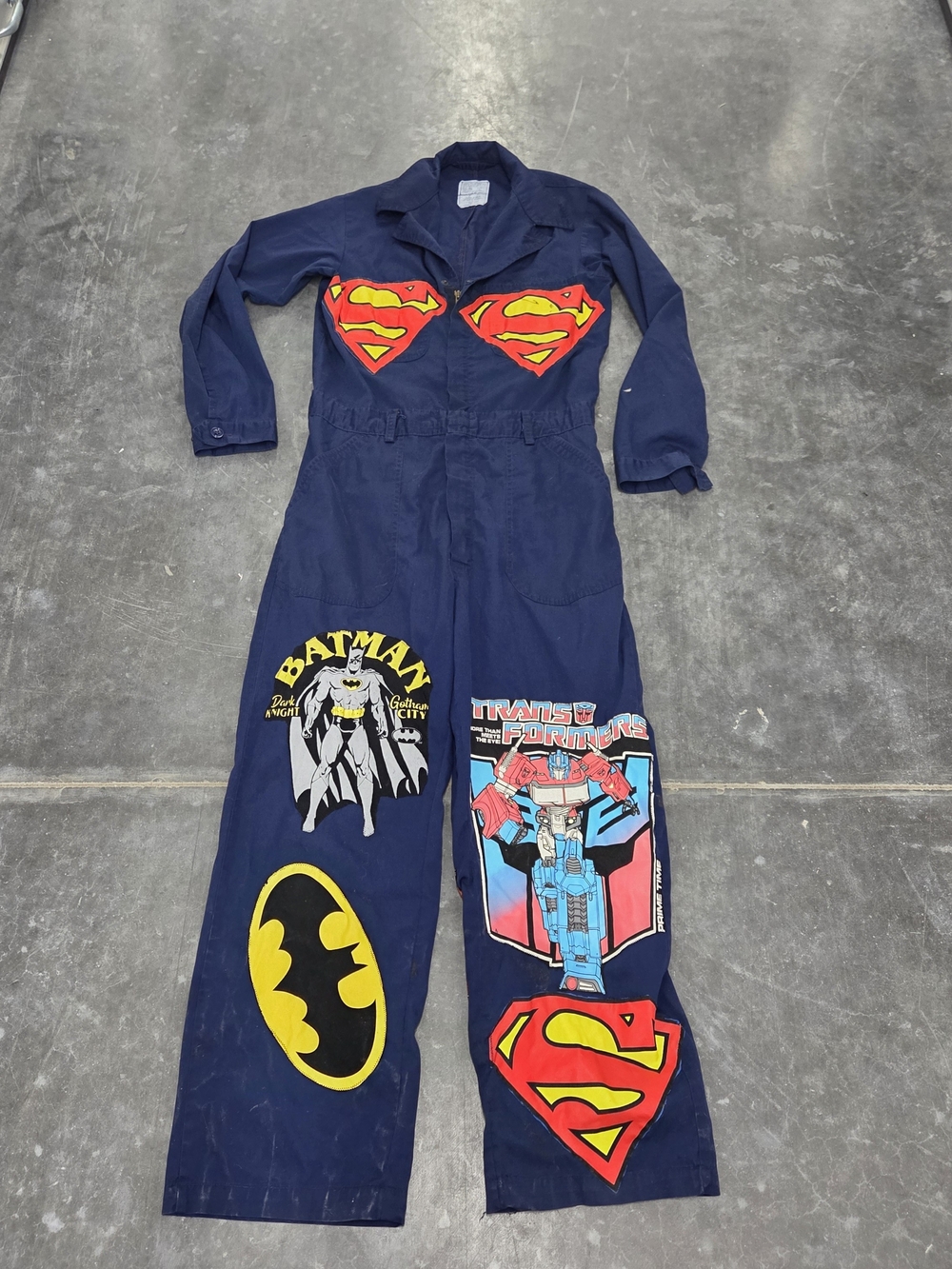 1-of-1 Custom Superhero Patchwork Jumpsuit | Vintage Navy Utility Coveralls 40L